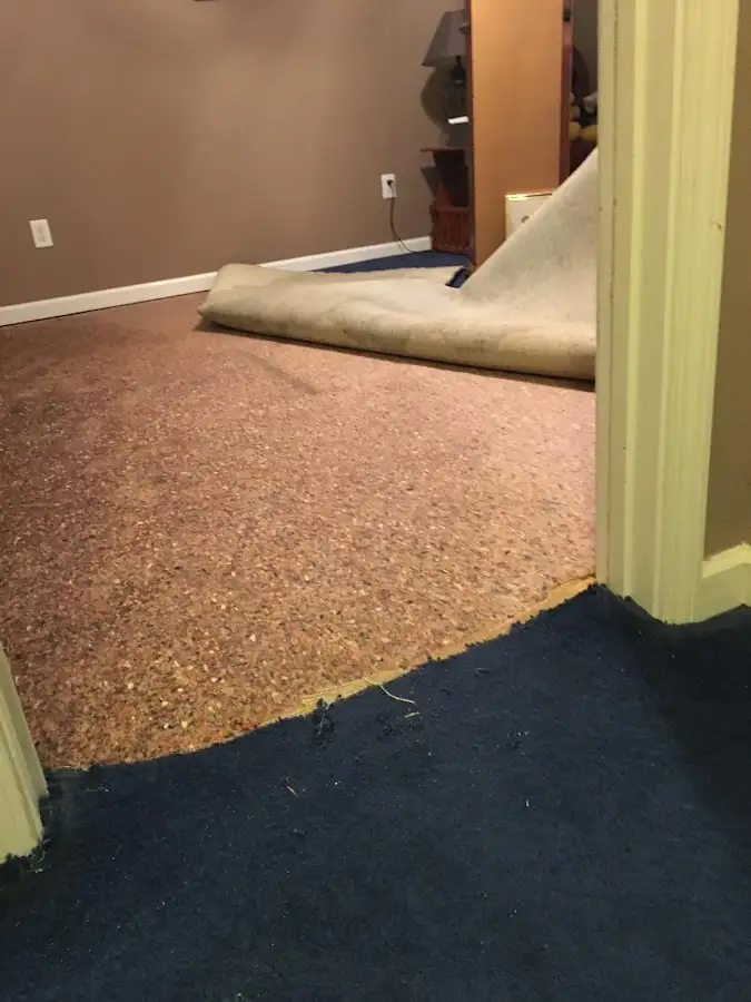 Carpet pad removal revealing water damage during Water Mitigation Services in Eliot